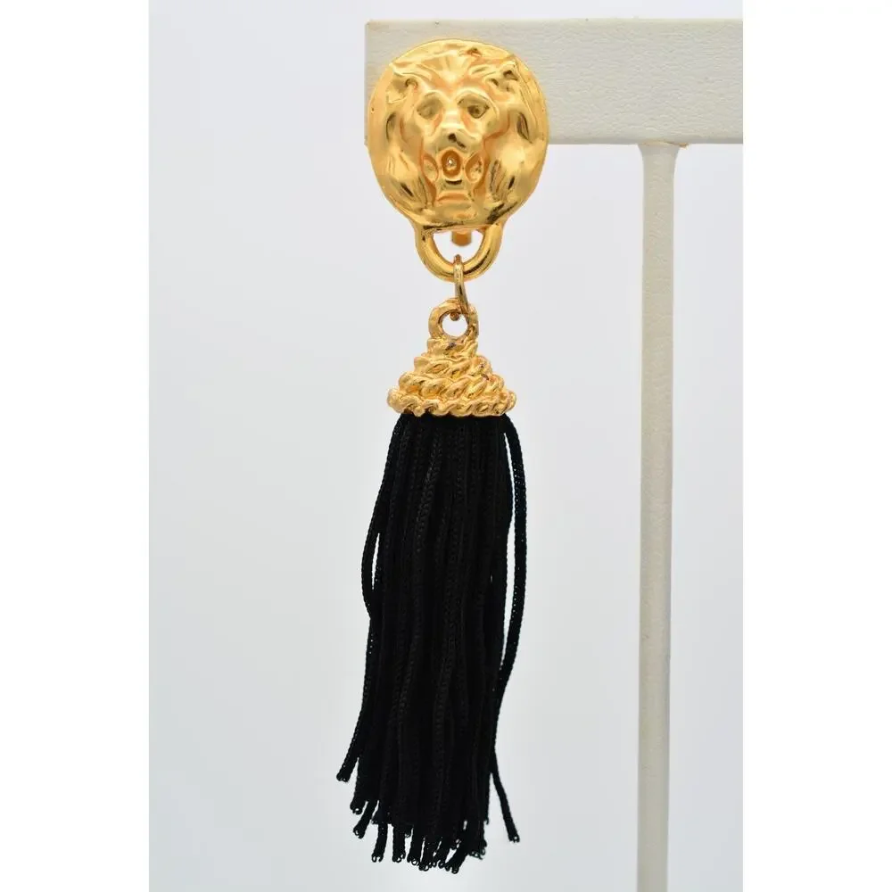 Vintage Lion Head Black Tassel Clip On Statement Earrings Brushed Gold 80s BinAR